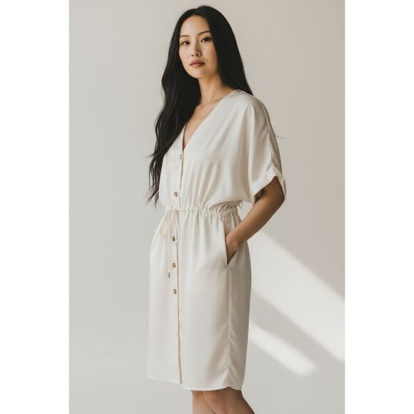Zara Black label White Dress Womens Size XL V-Neck Button-Down 100% Lyocell Boho - Picture 1 of 6